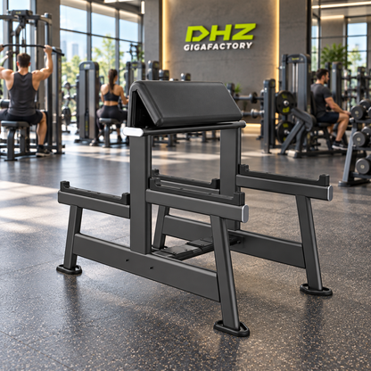 DHZ E7044 Seated Preacher Curl frei im Fitnessstudio-Ambiente mit trainierenden Personen im Hintergrund