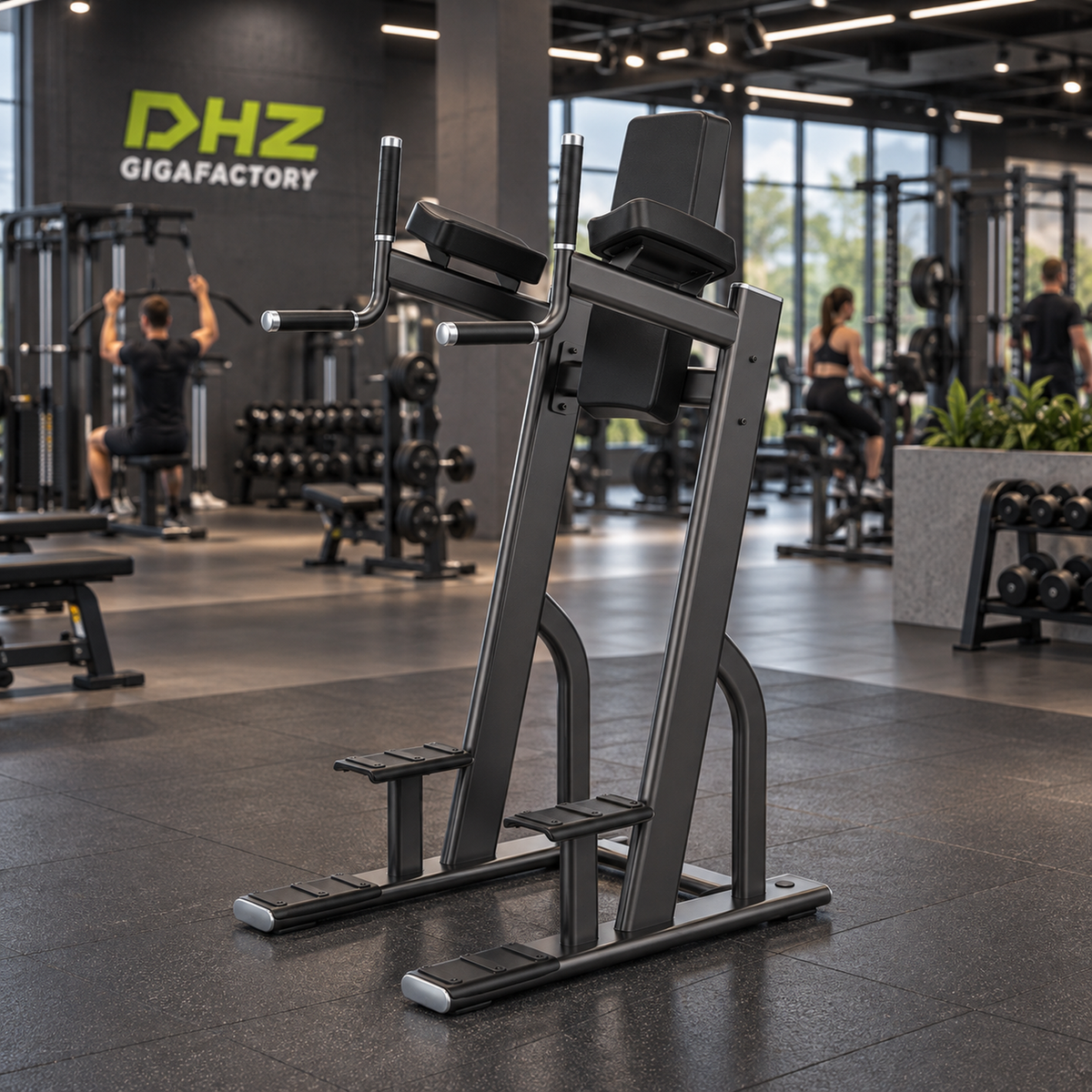 DHZ E7047 Vertical Knees Up Dip frei im Fitnessstudio-Ambiente mit trainierenden Personen im Hintergrund