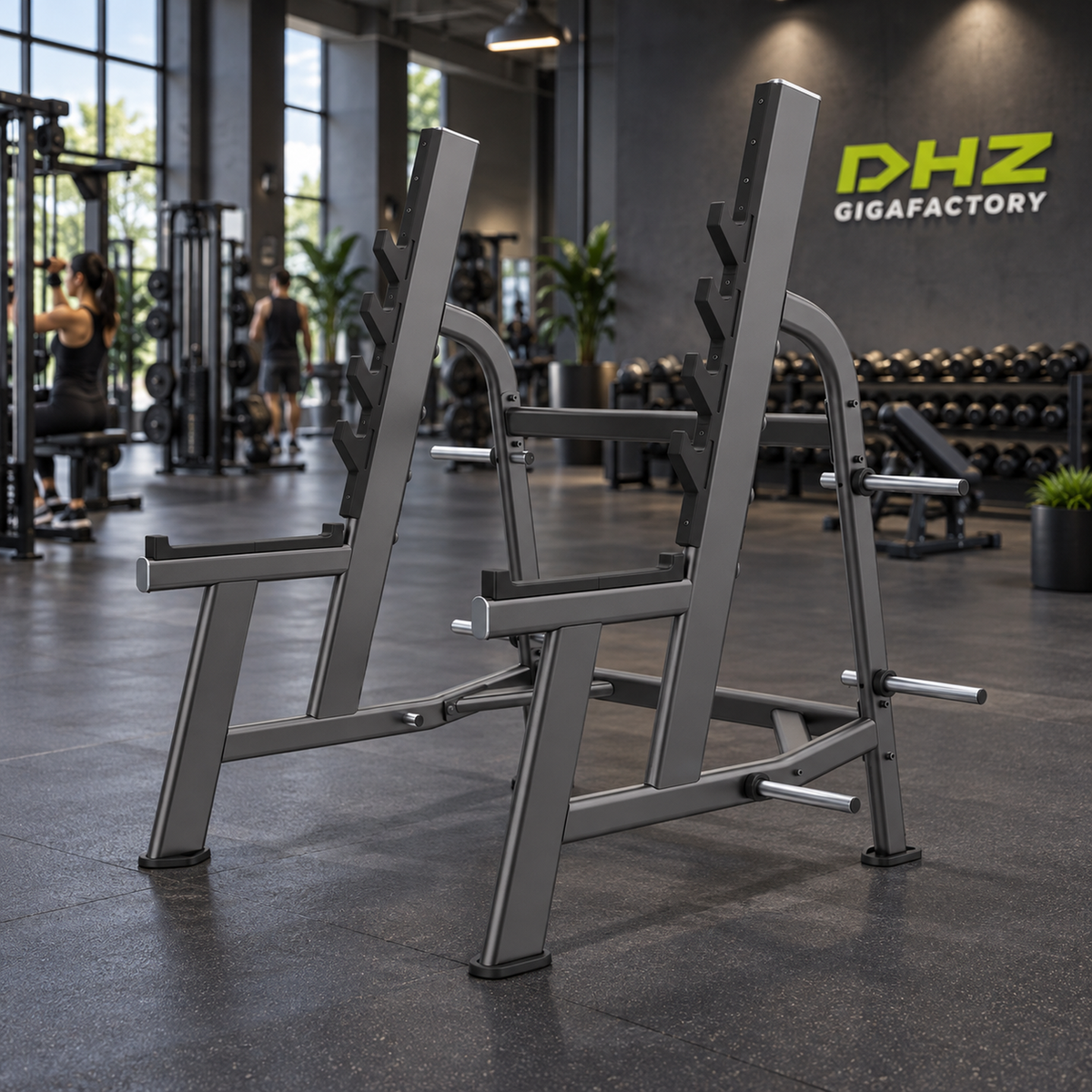 DHZ E7050 Squat Rack frei im Fitnessstudio-Ambiente mit trainierenden Personen im Hintergrund