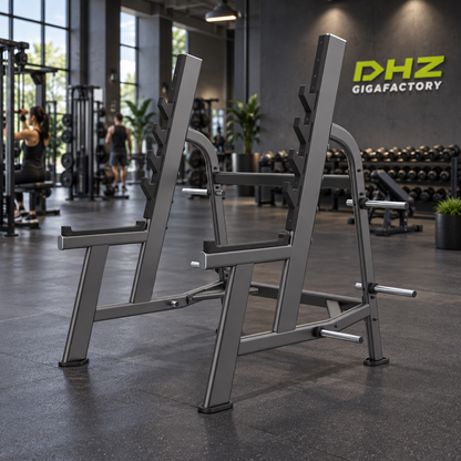 DHZ E7050 Squat Rack frei im Fitnessstudio-Ambiente mit trainierenden Personen im Hintergrund