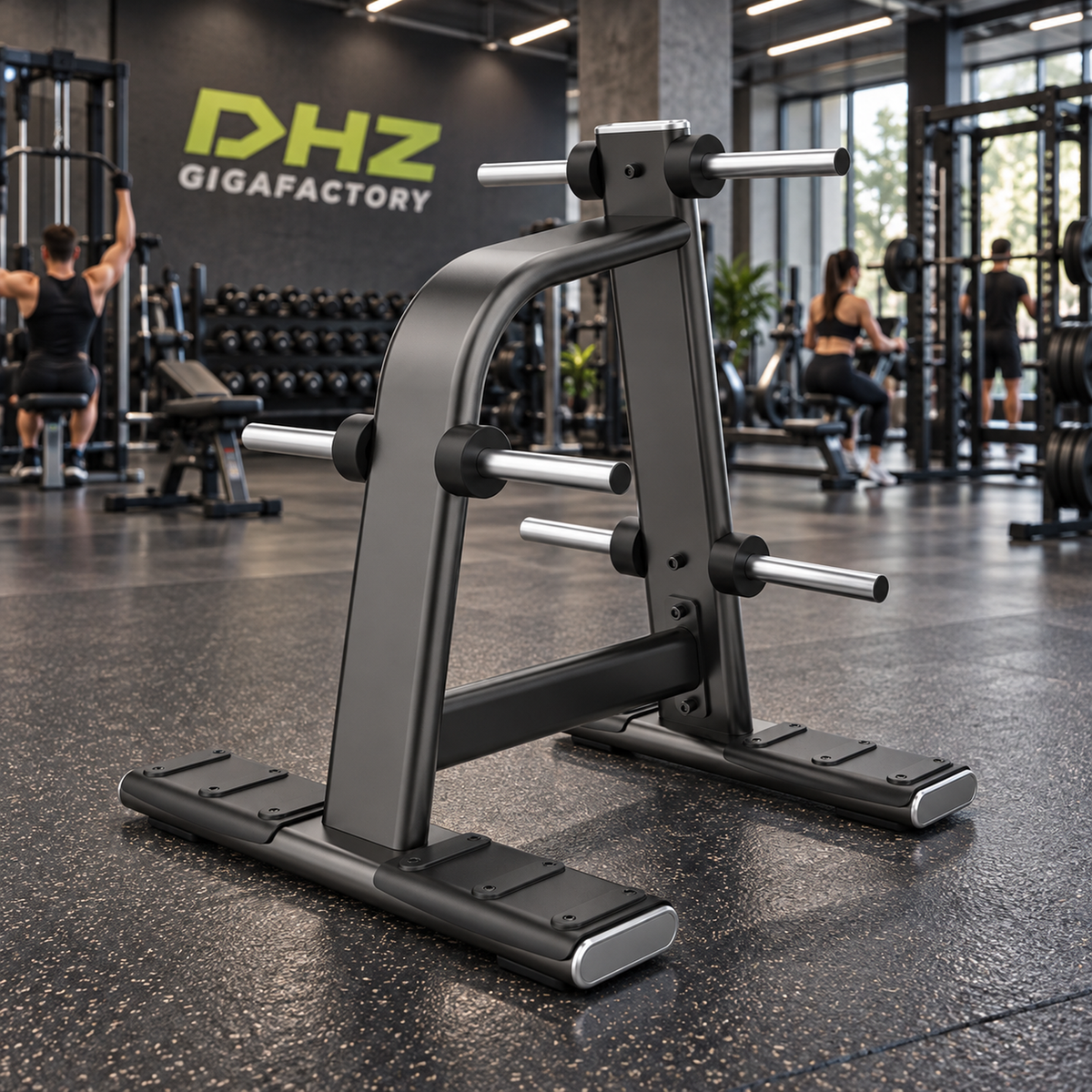 DHZ E7054 Vertical Plate Tree frei im Fitnessstudio-Ambiente mit trainierenden Personen im Hintergrund