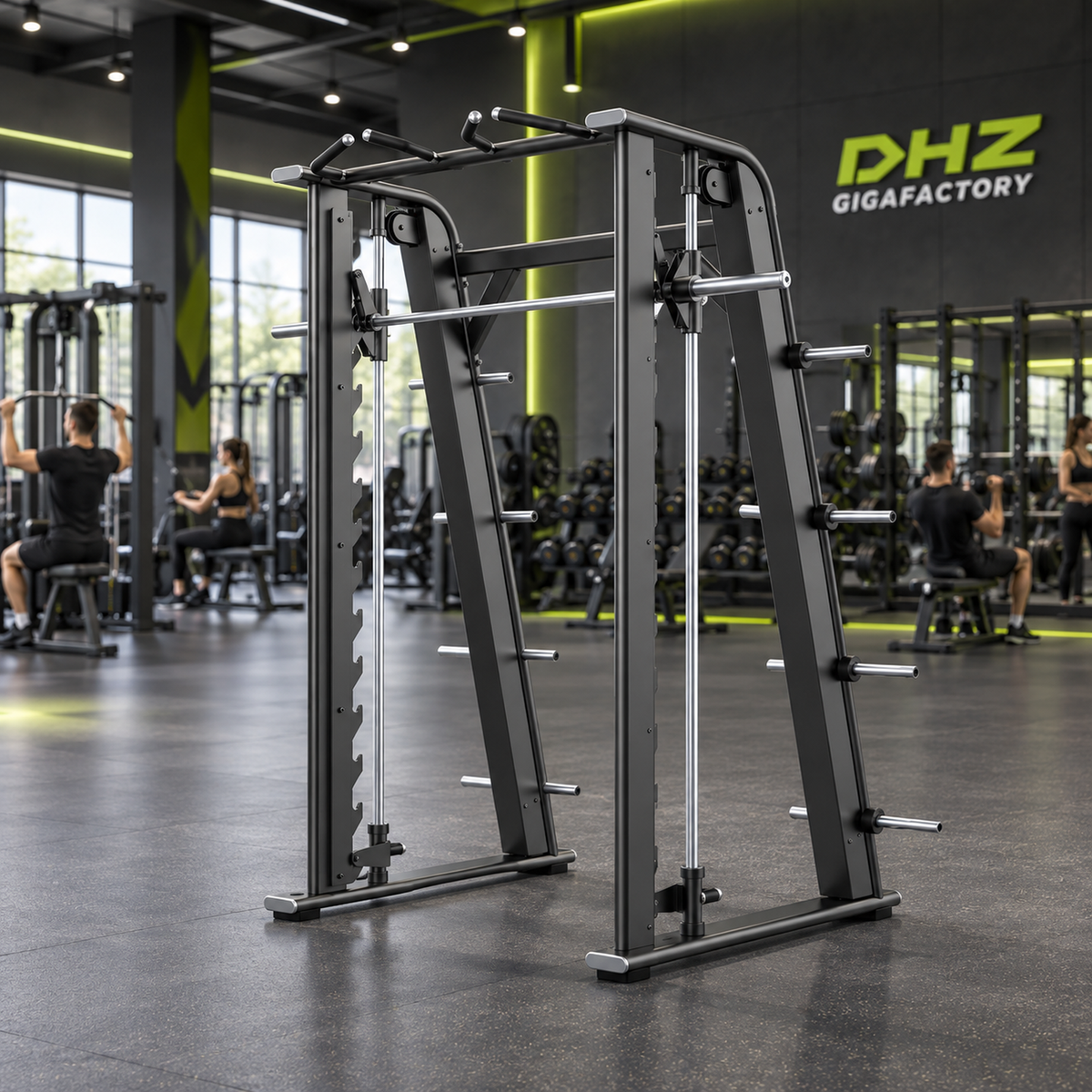 DHZ E7063 Smith Machine frei im Fitnessstudio-Ambiente mit trainierenden Personen im Hintergrund