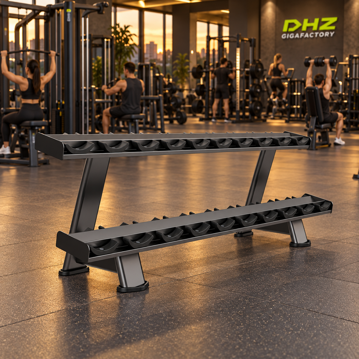 DHZ E7077 Dumbbell Rack frei im Fitnessstudio-Ambiente mit trainierenden Personen im Hintergrund