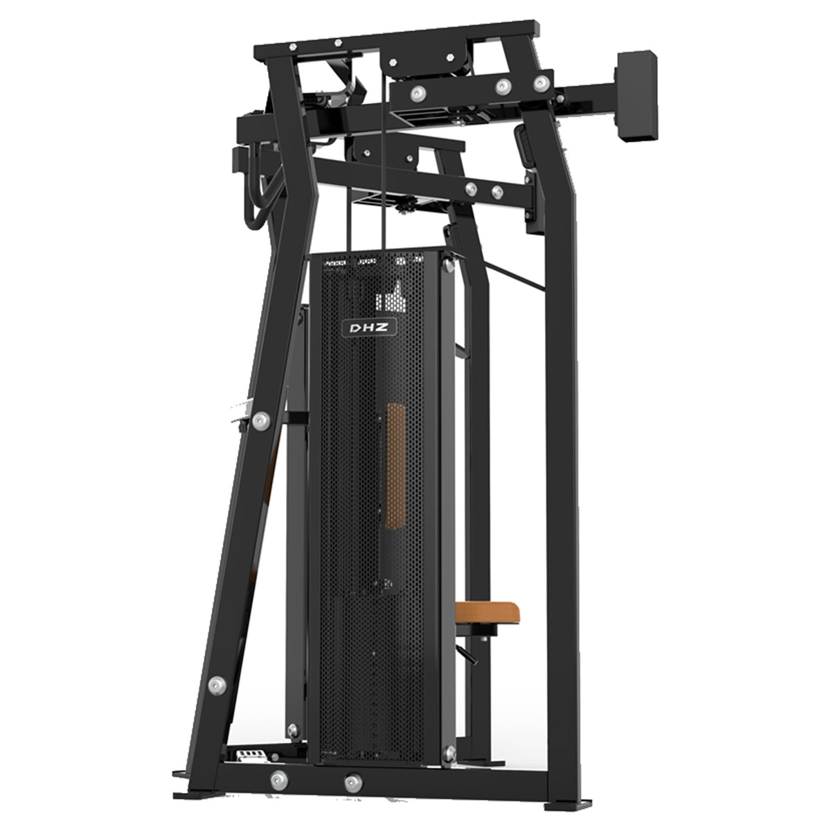 DHZ D-FORCE PM2045 High Row – Dual Weight Stack High-Row-Rückenmaschine – braune Polster, Produktansicht 06