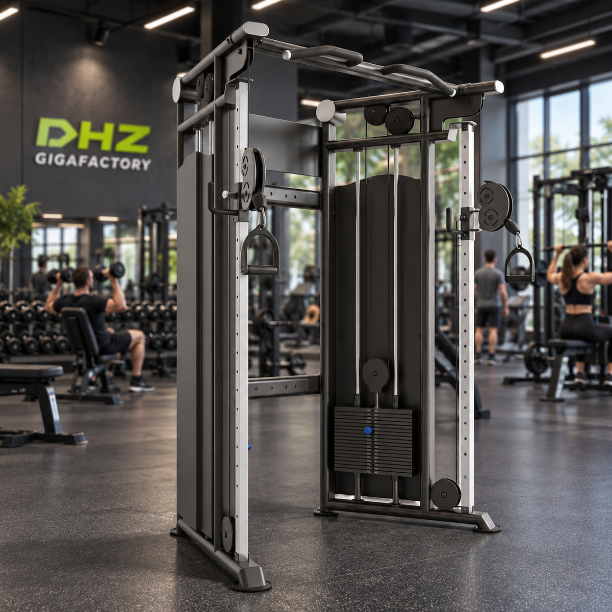 DHZ U2017 frei im aktiven DHZ-Gigafactory-Fitnessstudio mit Training im Hintergrund