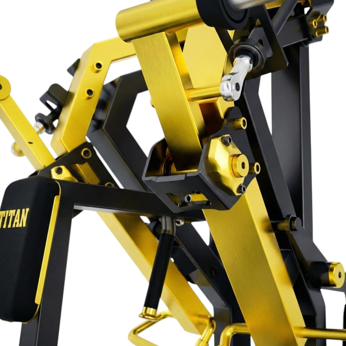 DHZ TITAN Mechanix Y925ZA Low Row - Plate Loaded Rudergerät für Rücken – low row schwarz gold lagerung gelenk detail