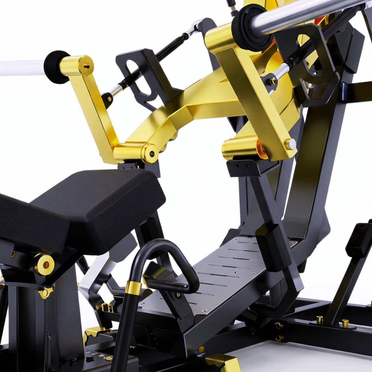 DHZ TITAN Mechanix Y950ZA Leg Press - Plate Loaded Beinpresse für professionelles Bein- und Glute-Training – leg press schwarz gold hebelmechanik detail