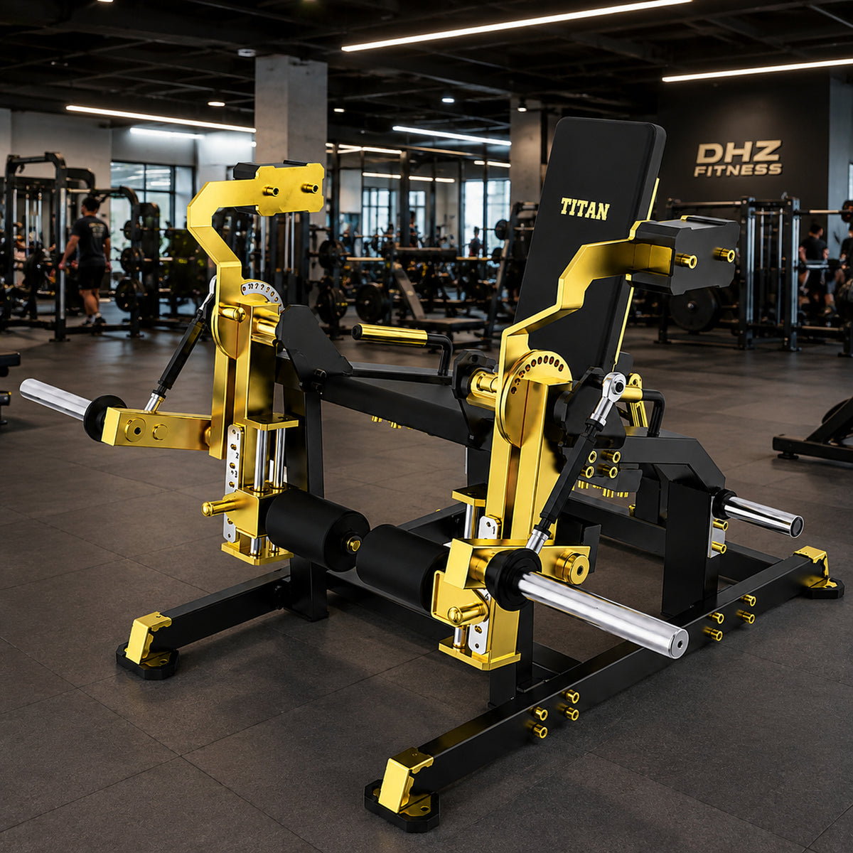 DHZ TITAN Mechanix Y961ZAG Leg Extension – Plate Loaded Beinstrecker – dhz titan mechanix y961zag leg extension schwarz gold premium fitnessstudio – KI-generierte Studioszene