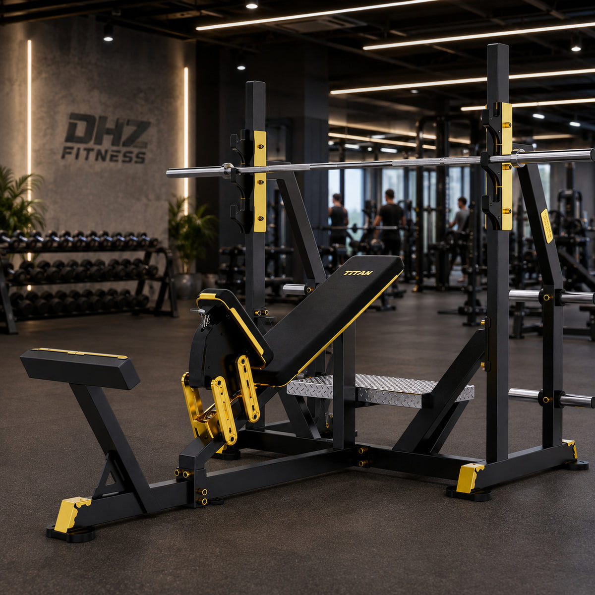 DHZ TITAN Mechanix Y971ZA Olympic Incline Bench - Plate Loaded Schrägbank für Langhanteltraining – olympic incline bench schwarz gold premium