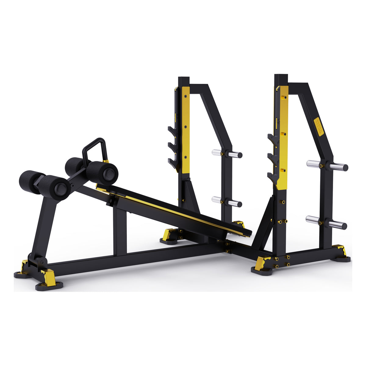 DHZ TITAN Mechanix Y973ZA Olympic Decline Bench - Plate Loaded Negativbank für Langhanteltraining – olympic decline bench schwarz gold perspektivansicht rechts