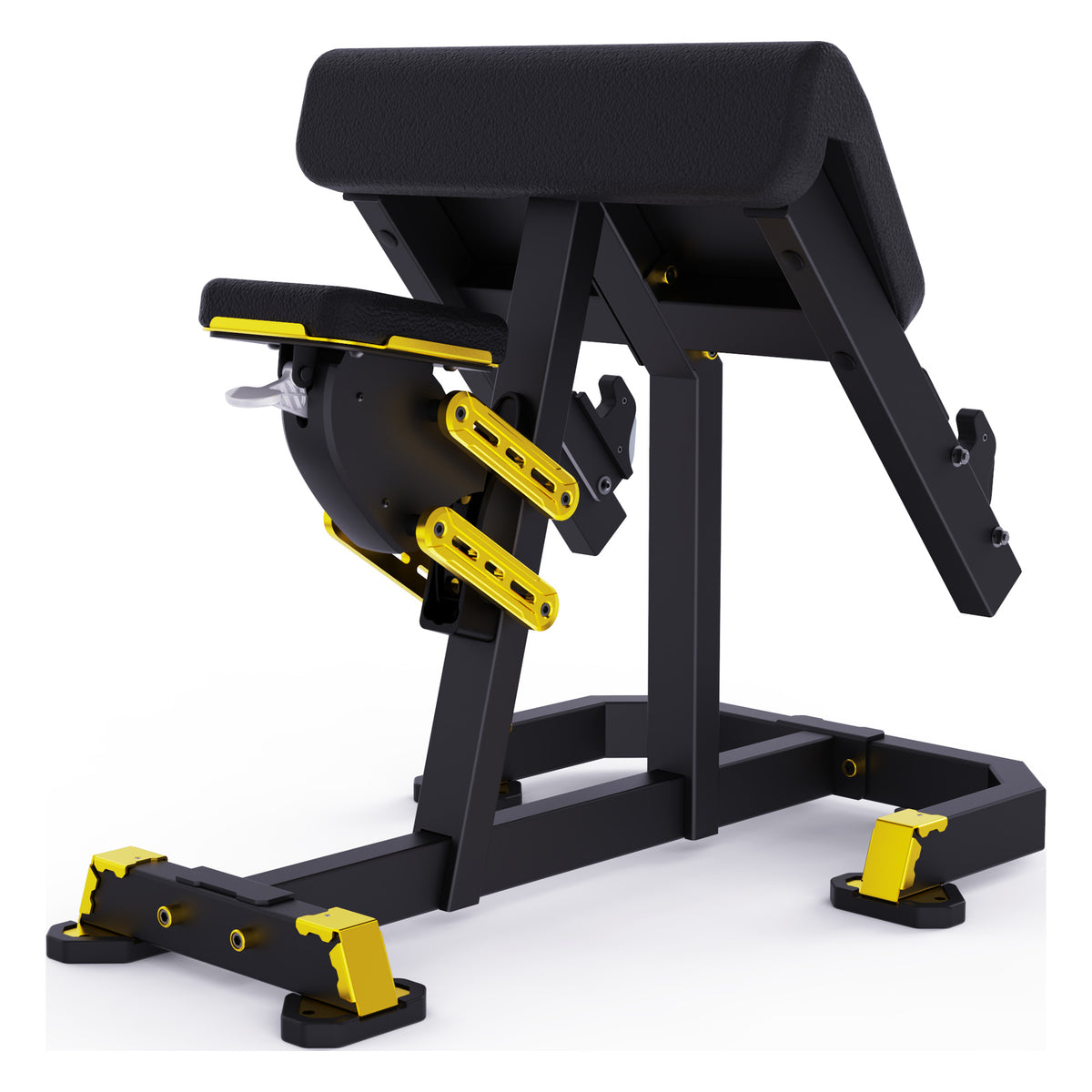 DHZ TITAN Mechanix Y976ZA Seated Preacher Curl - Plate Loaded Bizepsbank für isoliertes Armtraining – seated preacher curl schwarz gold ansicht rechts