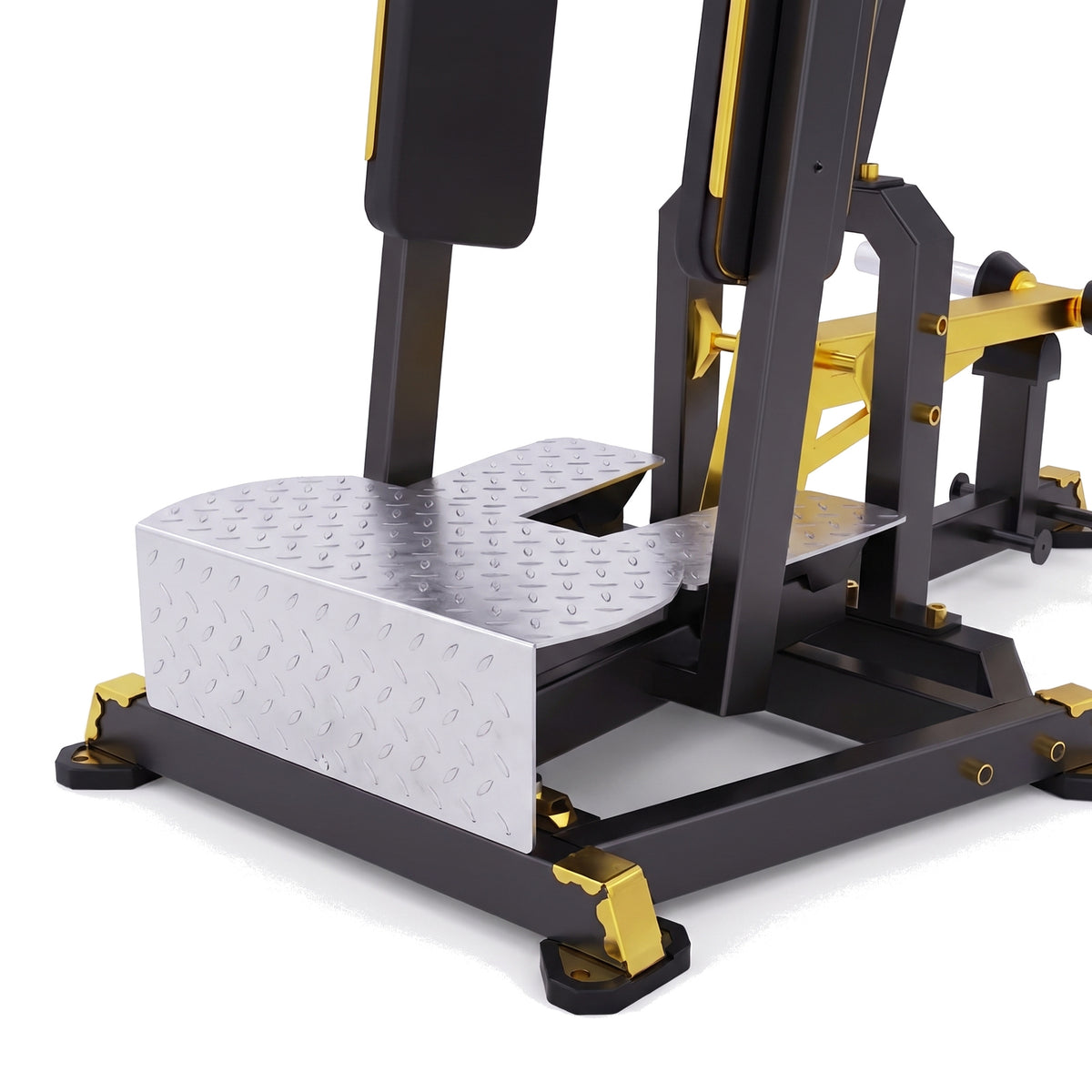 DHZ TITAN Mechanix Y985ZA Standing Abductor – Plate Loaded Abduktorenmaschine – dhz titan mechanix y985za standing abductor schwarz gold trittplattform detail 