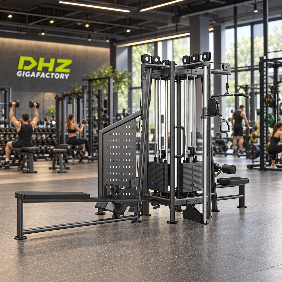DHZ U2029 4 Station Cable Tower frei im aktiven DHZ-Gigafactory-Fitnessstudio mit Training im Hintergrund