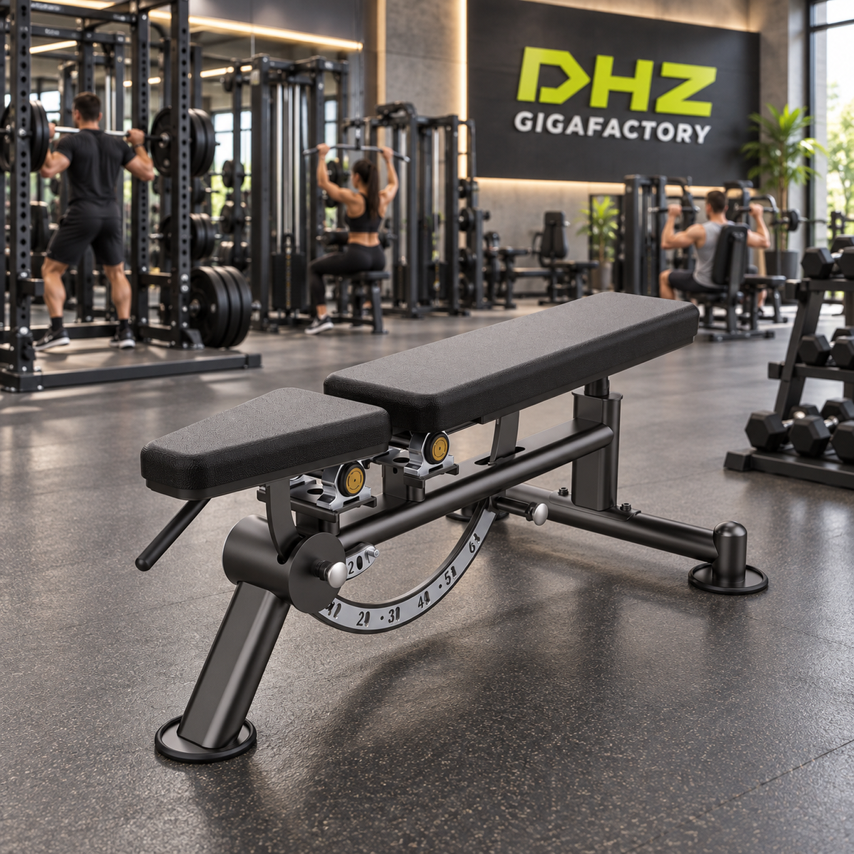 DHZ U2039 Super Bench frei im aktiven DHZ-Gigafactory-Fitnessstudio mit Training im Hintergrund