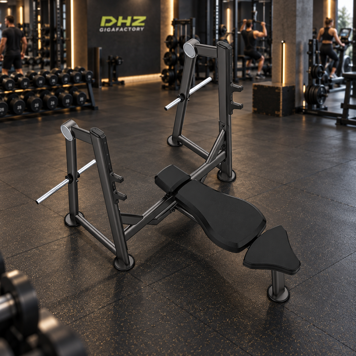 DHZ U2043 Olympic Bench frei im Fitnessstudio-Ambiente mit Training im Hintergrund