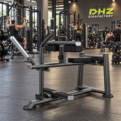 DHZ U2062 Seated Calf frei im aktiven DHZ-Gigafactory-Fitnessstudio mit Training im Hintergrund