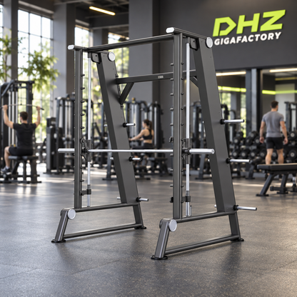 DHZ U2063 Smith Machine frei im aktiven DHZ-Gigafactory-Fitnessstudio mit Training im Hintergrund