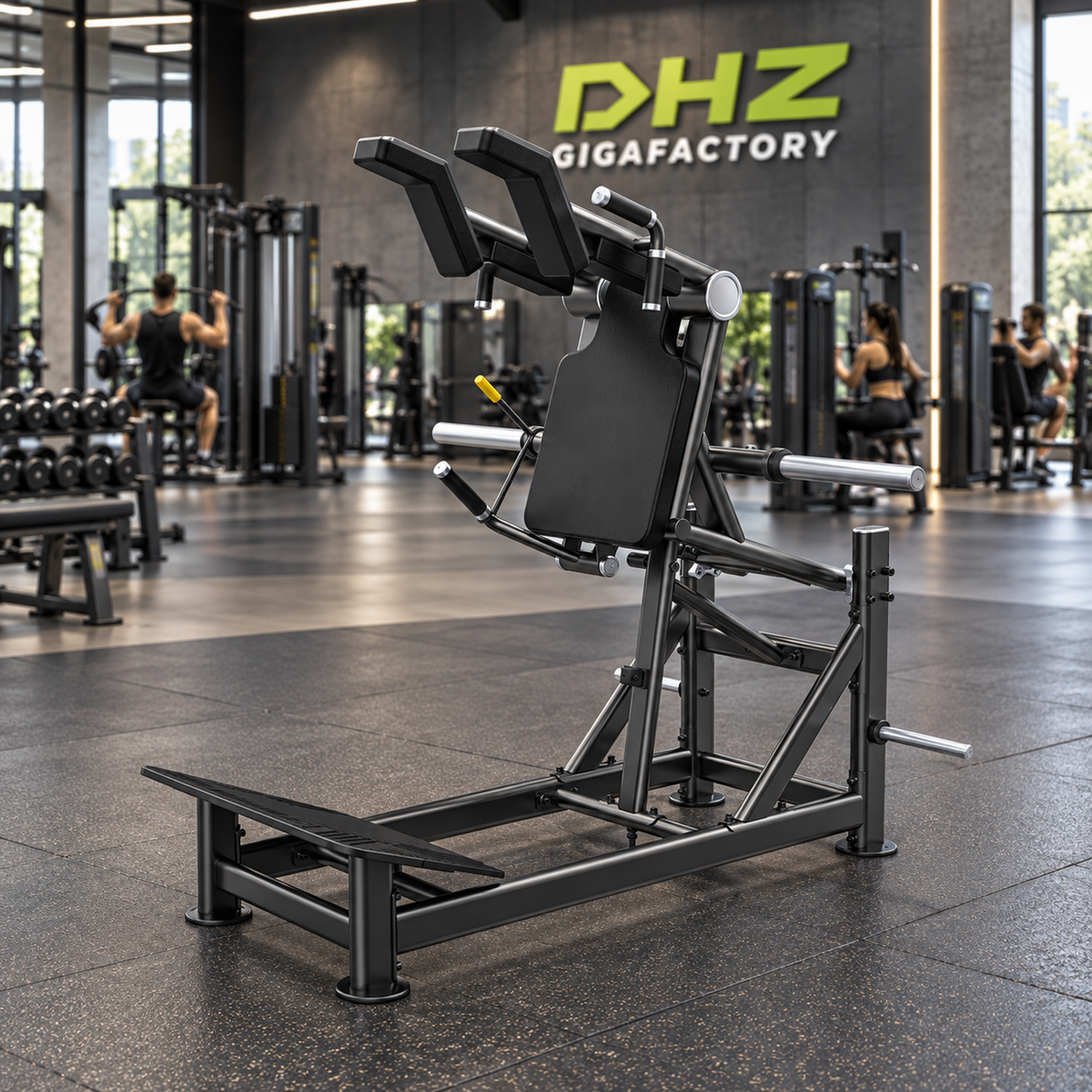 DHZ U2065 Super Squat frei im aktiven DHZ-Gigafactory-Fitnessstudio mit Training im Hintergrund