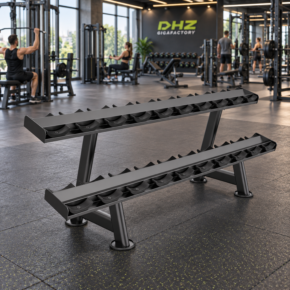 DHZ U2077 Dumbbell Rack frei und leer im aktiven DHZ-Gigafactory-Fitnessstudio mit Training im Hintergrund