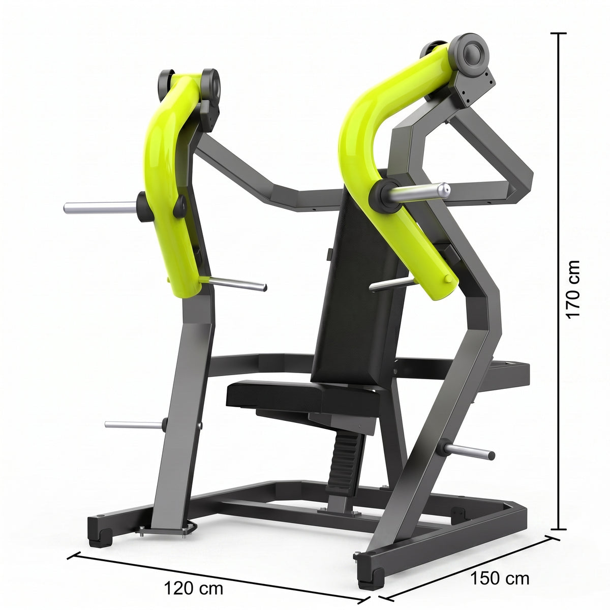 DHZ Y900 Y905 Brustpresse (Chest Press) in Grün-Schwarz – Maßzeichnung mit Geräteabmessungen