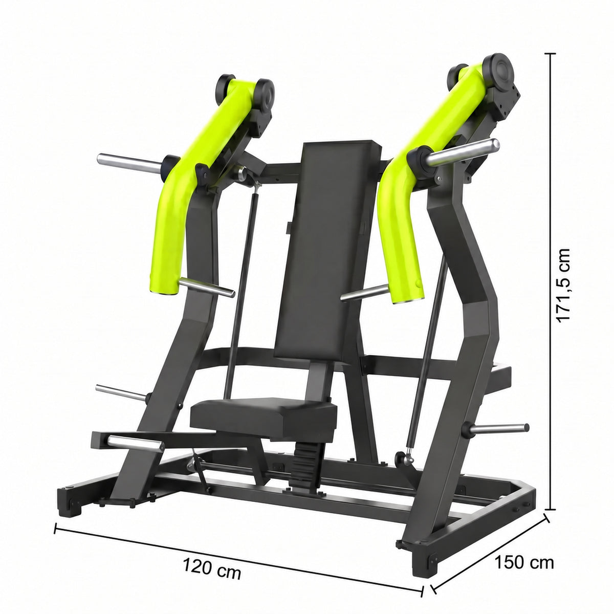 DHZ Y900 Y905L Brustpresse (Chest Press) mit Einstiegshilfe in Grün-Schwarz – Maßzeichnung mit Geräteabmessungen