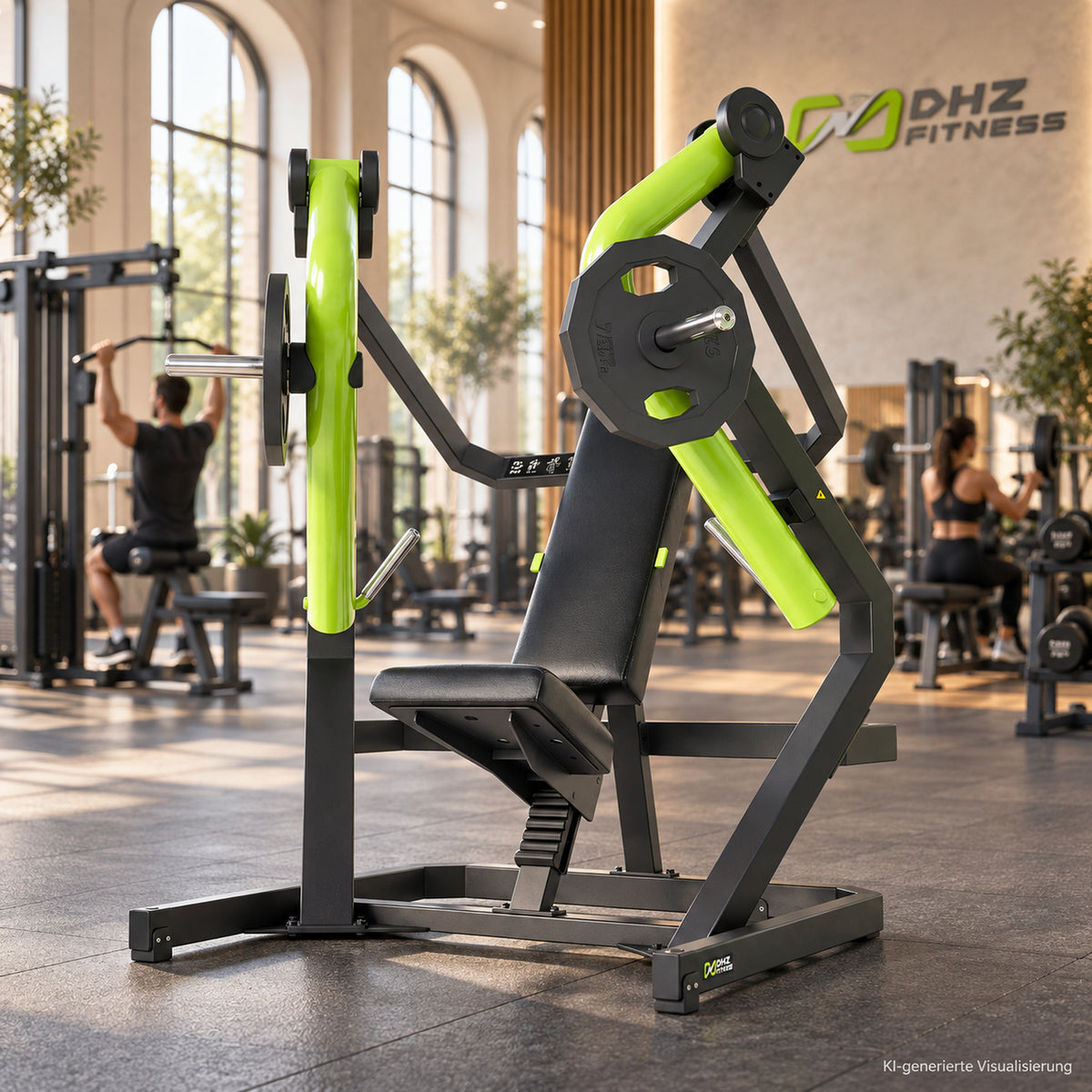 DHZ Y900 Y910 Decline-Brustpresse (Low Chest Press) in Grün-Schwarz in einem modernen Fitnessstudio – KI-generierte Visualisierung