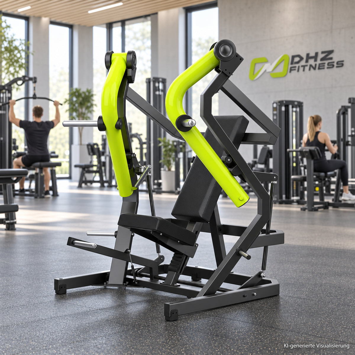 DHZ Y900 Y910L Decline-Brustpresse (Low Chest Press) mit Einstiegshilfe in Grün-Schwarz in einem modernen Fitnessstudio – KI-generierte Visualisierung