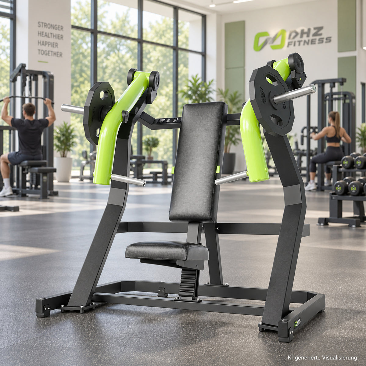 DHZ Y900 Y915 Schrägbank-Brustpresse (Incline Chest Press) in Grün-Schwarz in einem modernen Fitnessstudio – KI-generierte Visualisierung