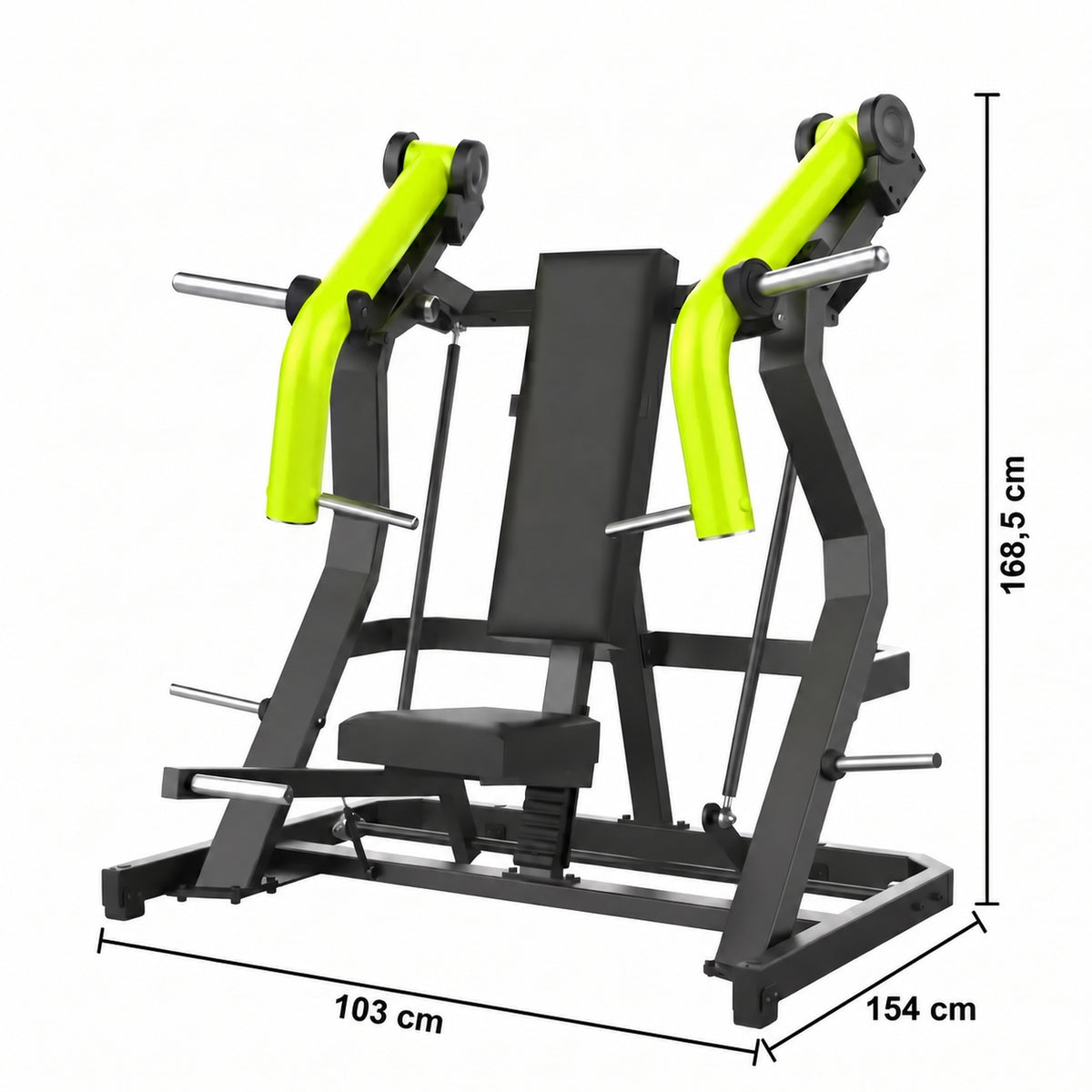 DHZ Y900 Y915L Schrägbank-Brustpresse (Incline Chest Press) mit Einstiegshilfe in Grün-Schwarz – Maßzeichnung mit Geräteabmessungen