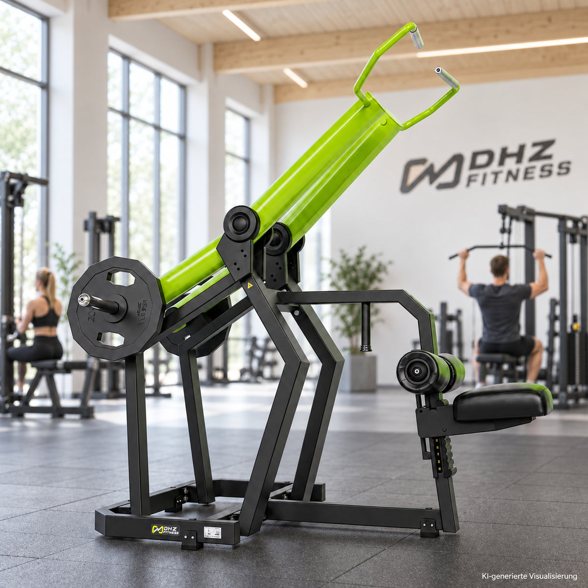 DHZ Y900 Y920 Latzugmaschine (Pull Down) in Grün-Schwarz in einem modernen Fitnessstudio – KI-generierte Visualisierung