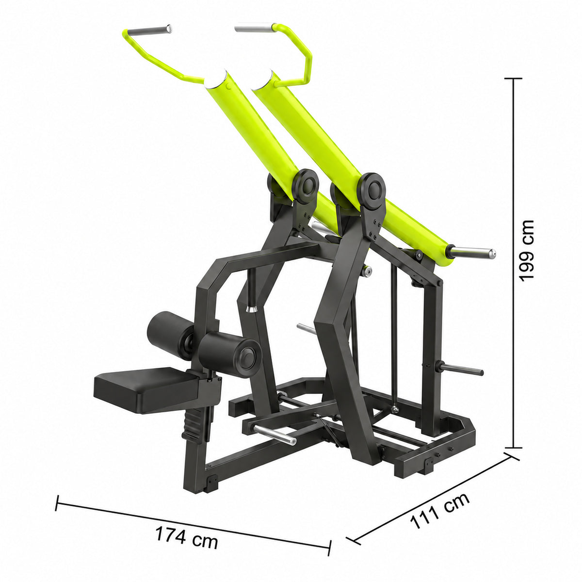 DHZ Y900 Y920L Latzugmaschine (Pull Down) mit Einstiegshilfe in Grün-Schwarz – Maßzeichnung mit Geräteabmessungen
