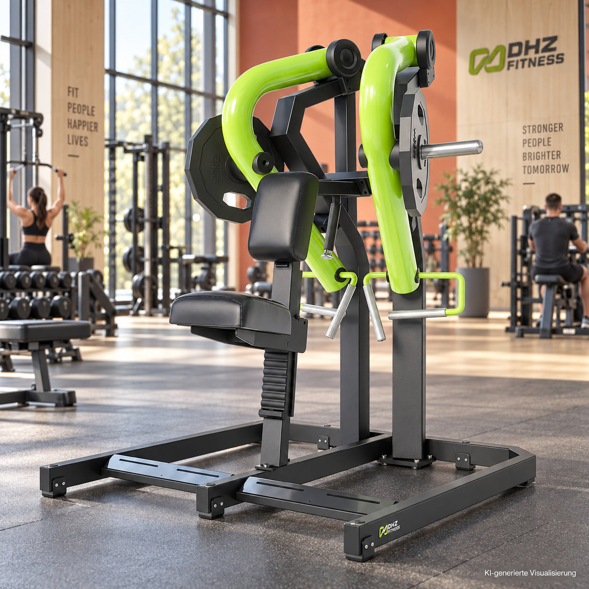DHZ Y900 Y925 Rudergerät (Low Row) in Grün-Schwarz in einem modernen Fitnessstudio – KI-generierte Visualisierung