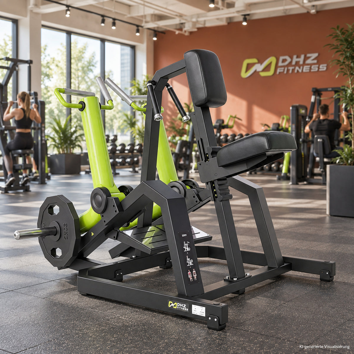 DHZ Y900 Y930 Rudermaschine (Row) in Grün-Schwarz in einem modernen Fitnessstudio – KI-generierte Visualisierung