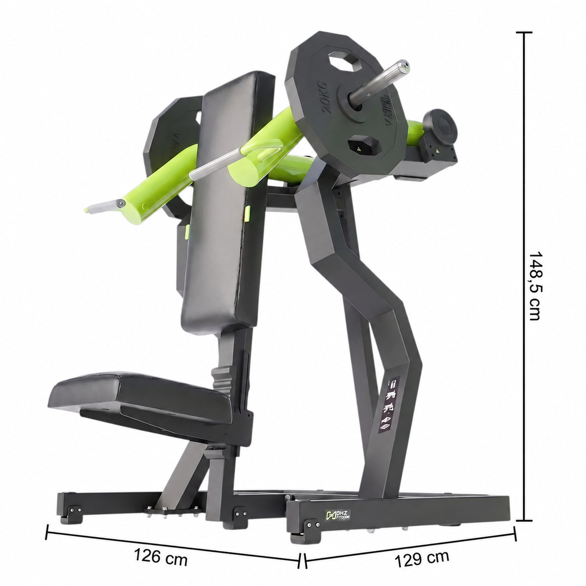 DHZ Y900 Y935 Schulterpresse (Shoulder Press) in Grün-Schwarz – Maßzeichnung mit Geräteabmessungen