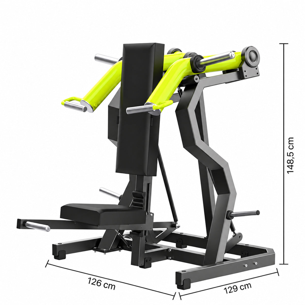 DHZ Y900 Y935L Schulterpresse (Shoulder Press) mit Einstiegshilfe in Grün-Schwarz – Maßzeichnung mit Geräteabmessungen