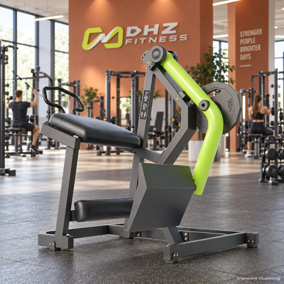 DHZ Y900 Y940 Glute-Kickback-Maschine (Rear Kick) in Grün-Schwarz in einem modernen Fitnessstudio – KI-generierte Visualisierung