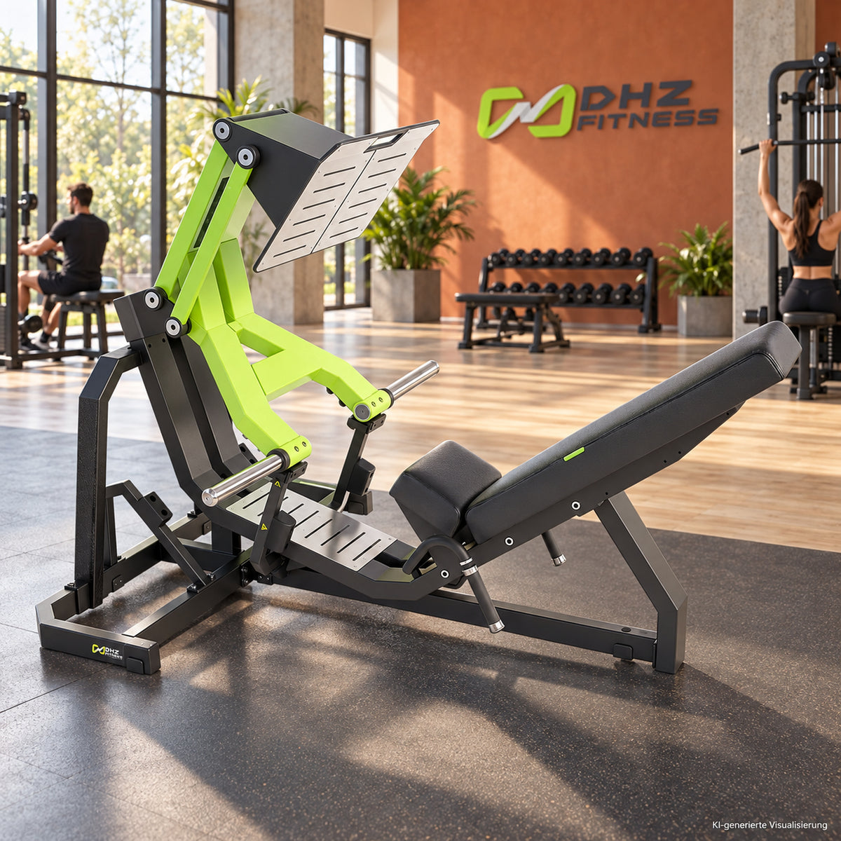 DHZ Y900 Y950 Beinpresse (Leg Press) in Grün-Schwarz in einem modernen Fitnessstudio – KI-generierte Visualisierung