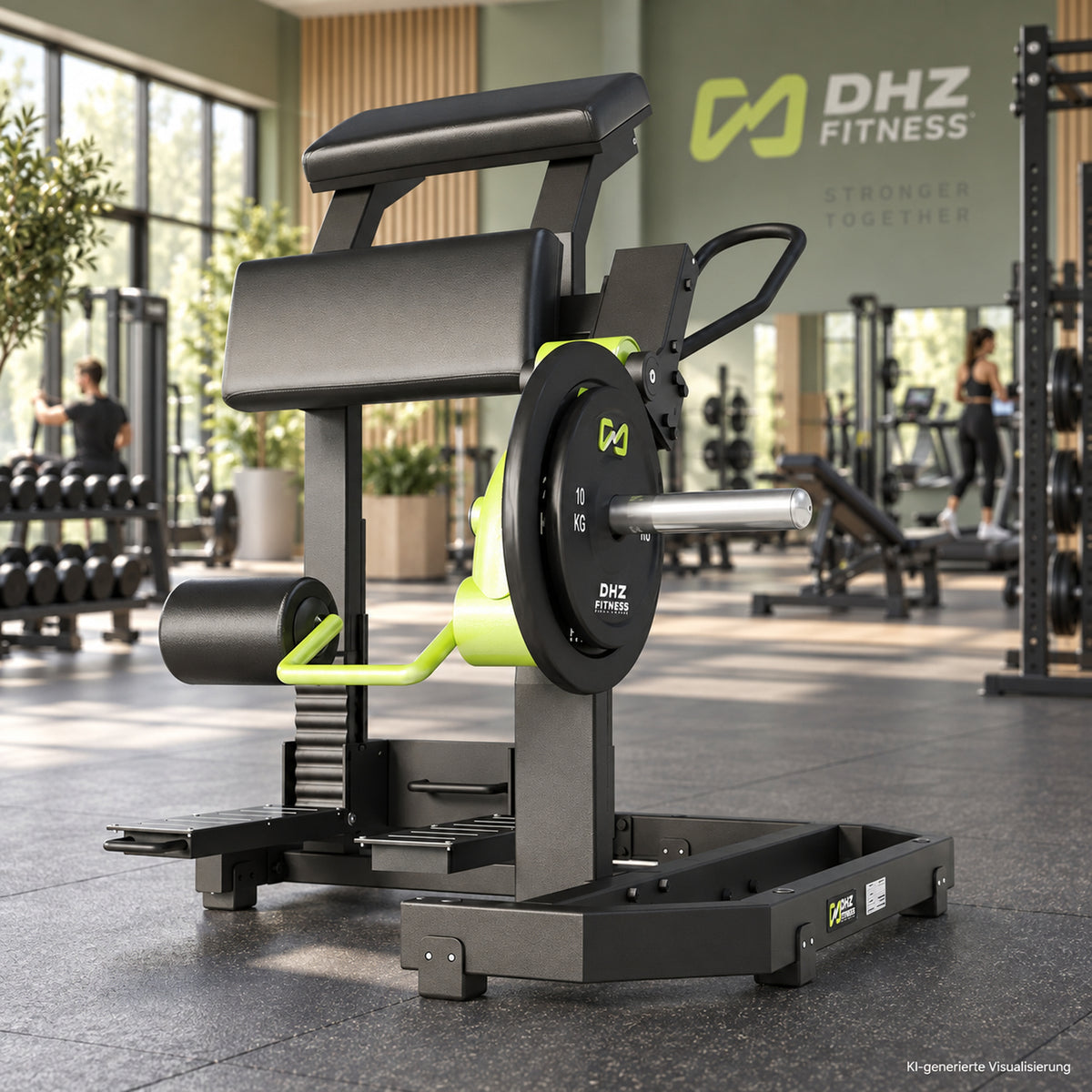DHZ Y900 Y955 Beinbeuger (Leg Curl) in Grün-Schwarz in einem modernen Fitnessstudio – KI-generierte Visualisierung
