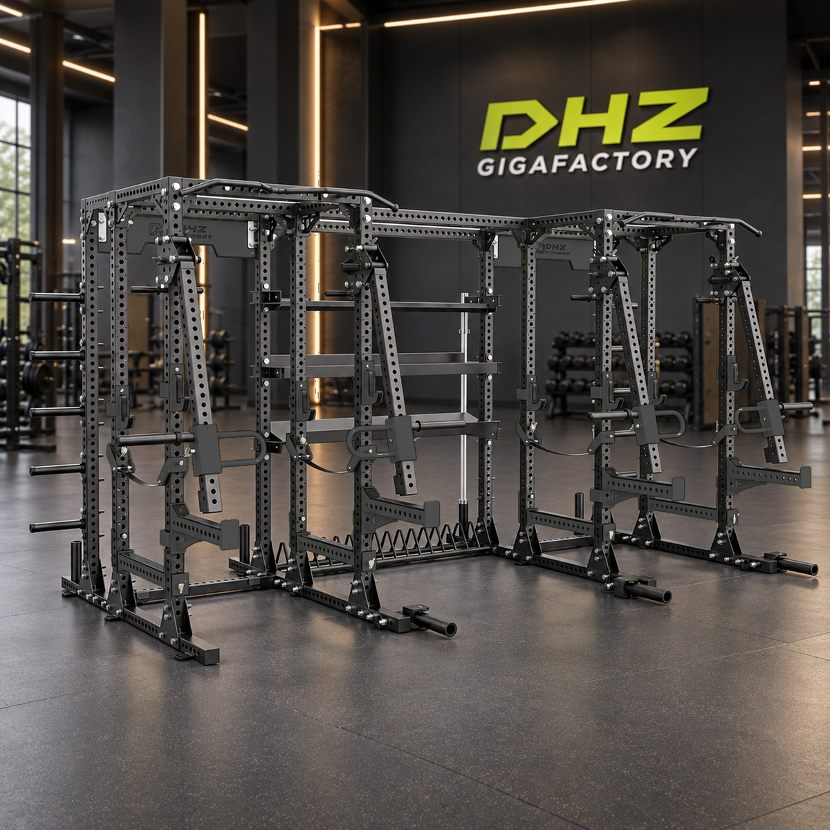 DHZ E6215 Lever Arm Dual Power Rack in Black Pearl und Piano Black im DHZ Gigafactory Fitnessstudio
