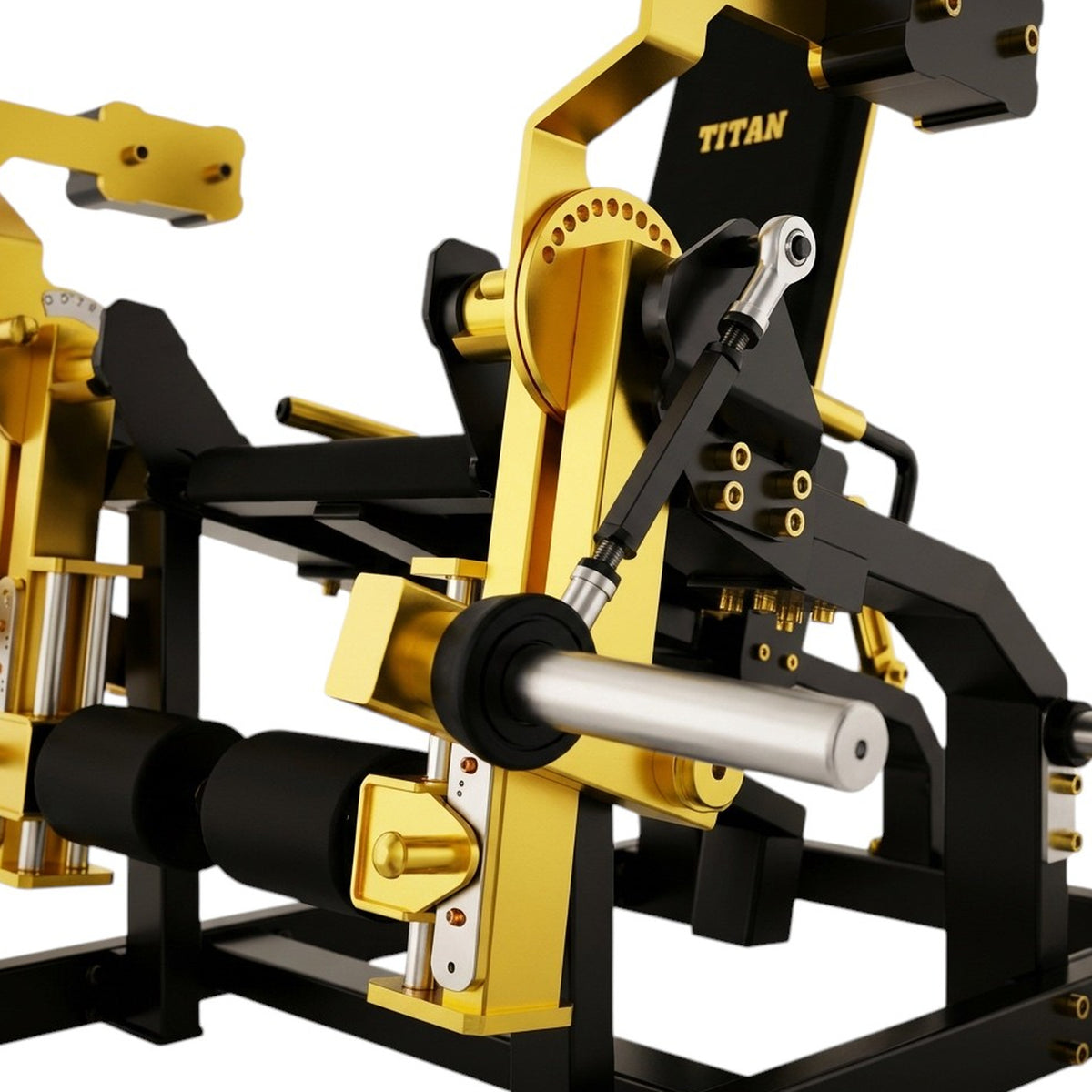 DHZ TITAN Mechanix Y960ZA Leg Extension - Plate Loaded Beinstrecker für isoliertes Quadrizeps-Training – leg extension schwarz gold verstellung detail
