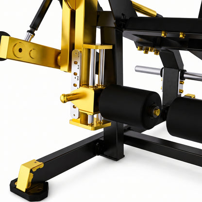 DHZ TITAN Mechanix Y961ZAG Leg Extension – Plate Loaded Beinstrecker – dhz titan mechanix y961zag leg extension schwarz gold polster verstellung detail 