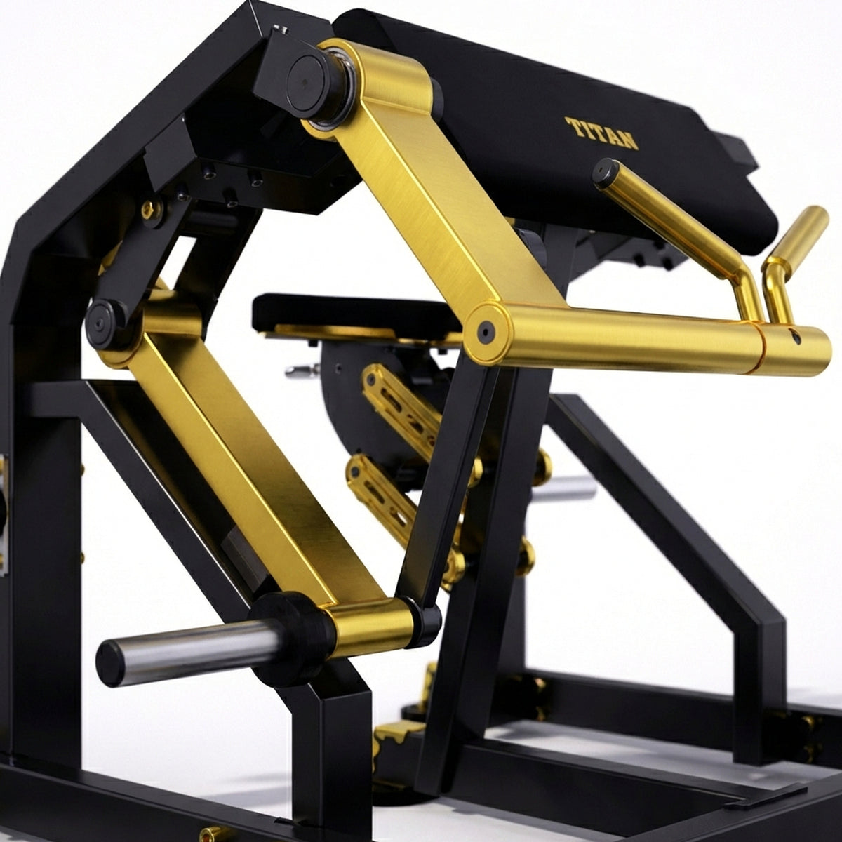 DHZ TITAN Mechanix Y970ZA Biceps Curl - Plate Loaded Bizepsmaschine für isoliertes Armtraining – biceps curl schwarz gold polster mechanik detail