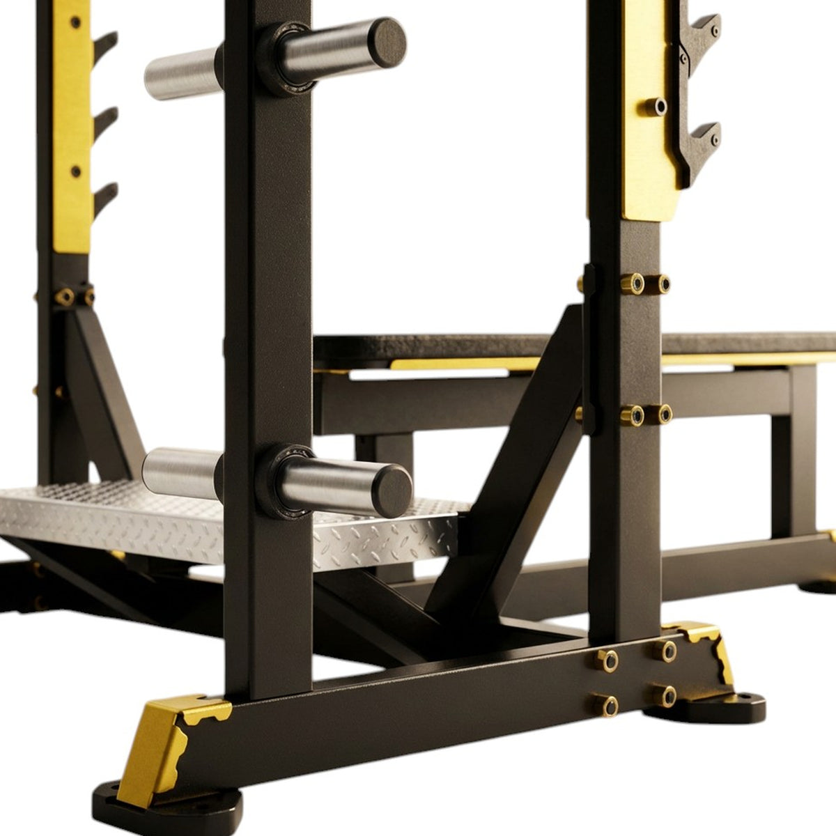 DHZ TITAN Mechanix Y972ZA Olympic Flat Bench - Plate Loaded Flachbank für Langhanteltraining – olympic flat bench schwarz gold rahmen fuss detail