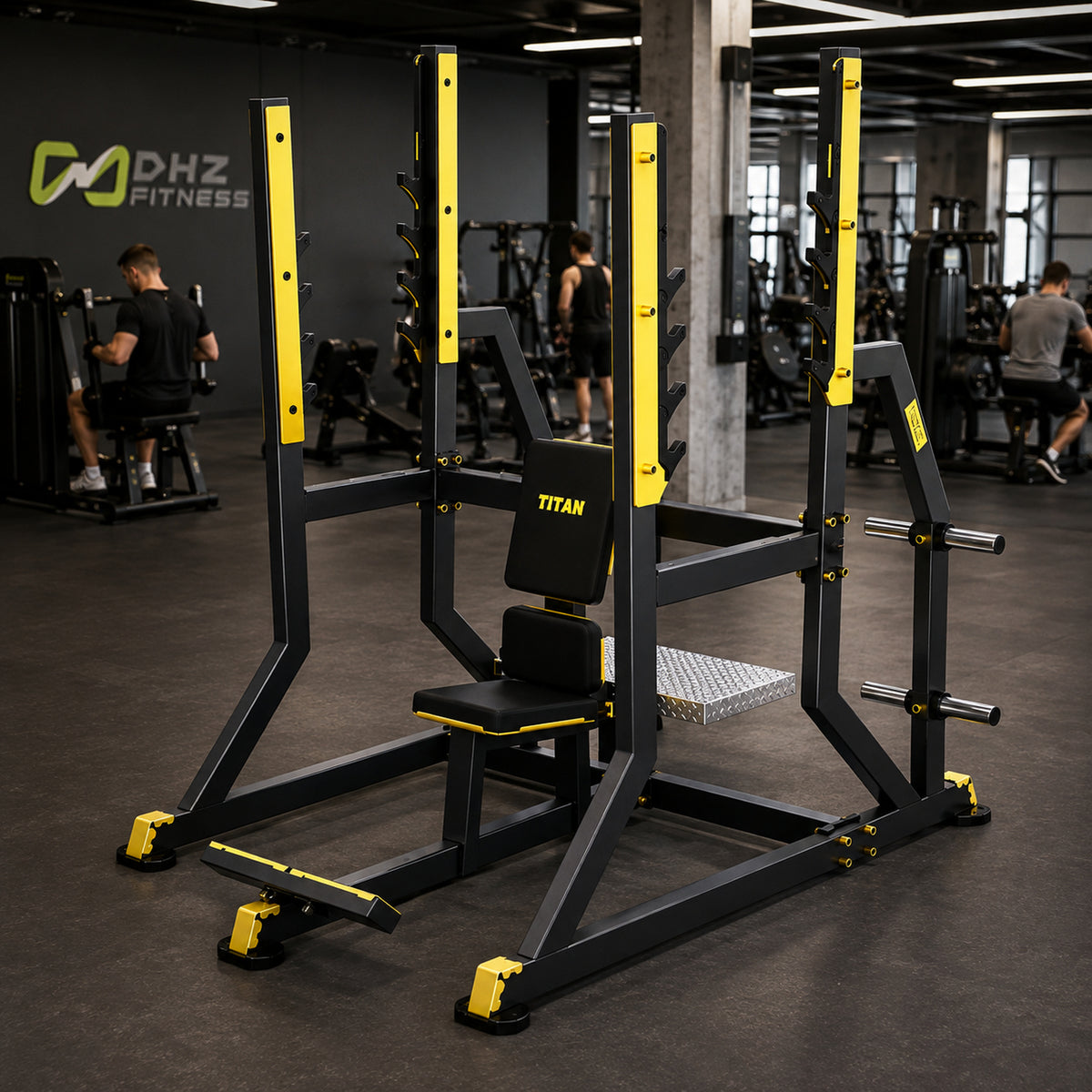 DHZ TITAN Mechanix Y974ZA Olympic Military Bench - Plate Loaded Schulterpresse Bank für Langhanteltraining – olympic military bench schwarz gold premium