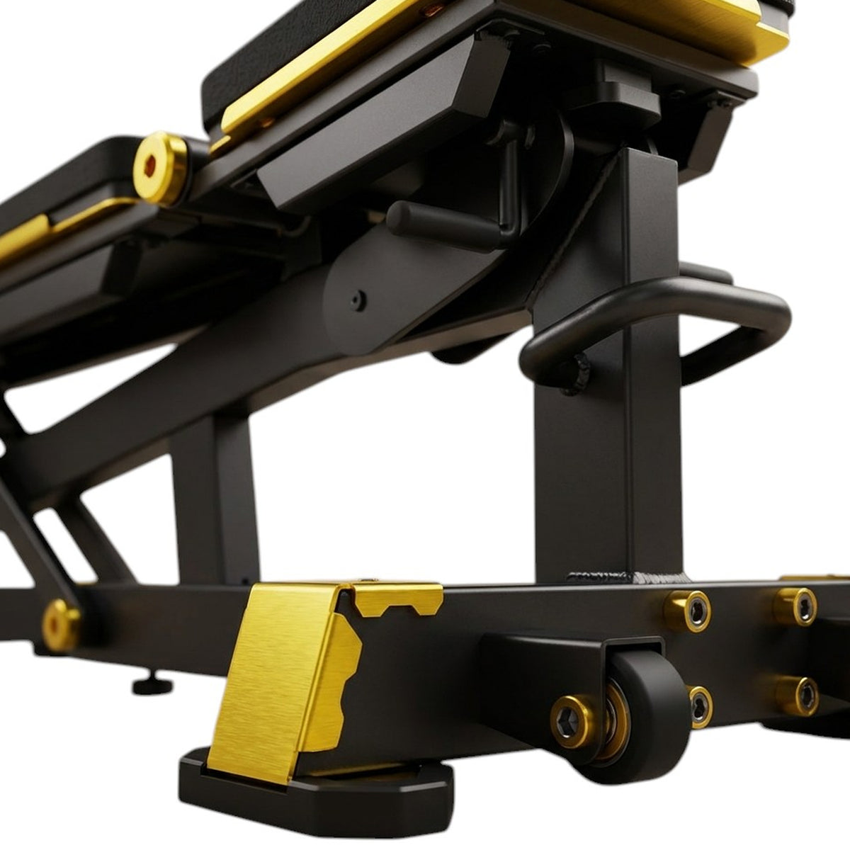 DHZ TITAN Mechanix Y978ZA Super Bench - Verstellbare Trainingsbank (FID) für Freihanteltraining – super bench schwarz gold polster gelenk detail