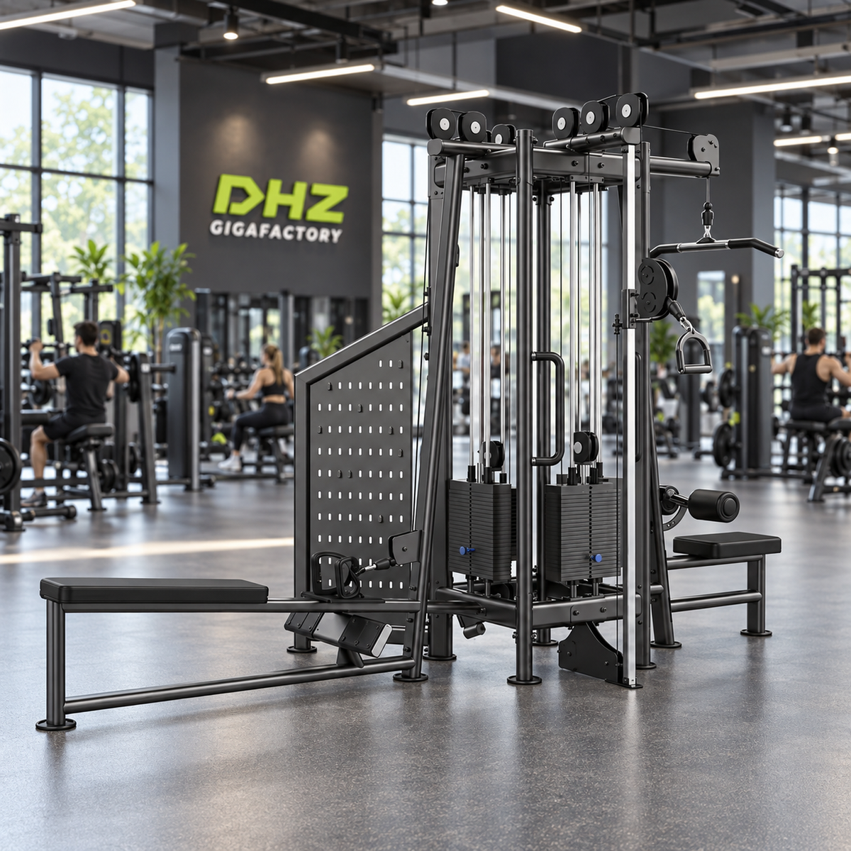 DHZ U2029 4 Station Cable Tower frei im Fitnessstudio-Ambiente mit Training im Hintergrund
