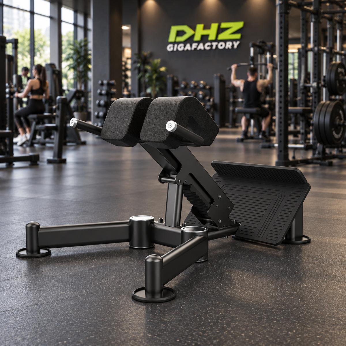 DHZ U2045 Back Extension frei im aktiven DHZ-Gigafactory-Fitnessstudio mit Training im Hintergrund