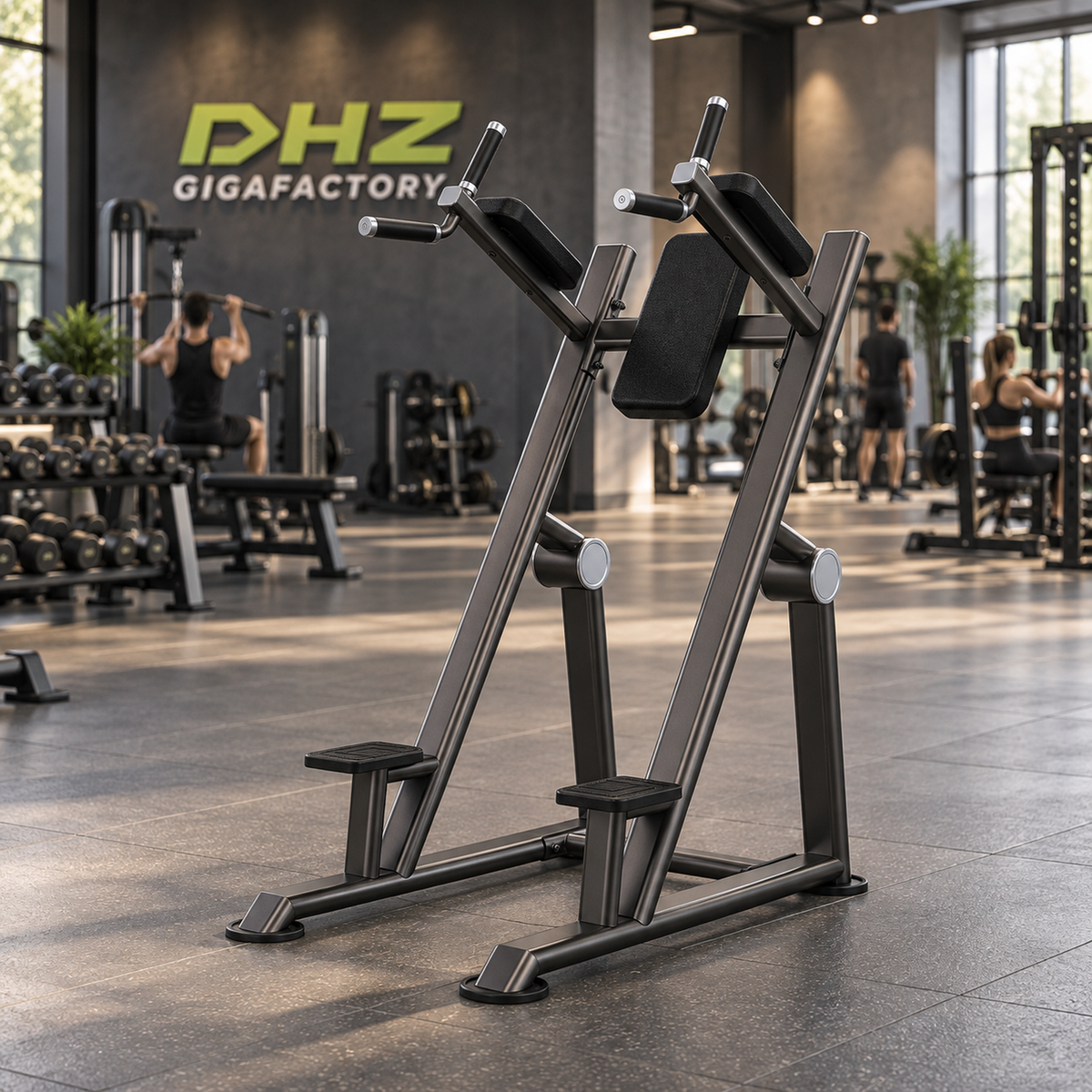 DHZ U2047 Vertical Knees Up Dip frei im aktiven DHZ-Gigafactory-Fitnessstudio mit Training im Hintergrund