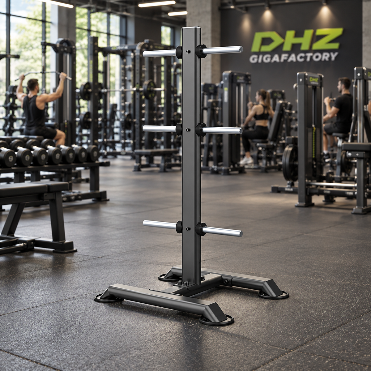 DHZ U2054 Vertical Plate Tree frei im aktiven DHZ-Gigafactory-Fitnessstudio mit Training im Hintergrund