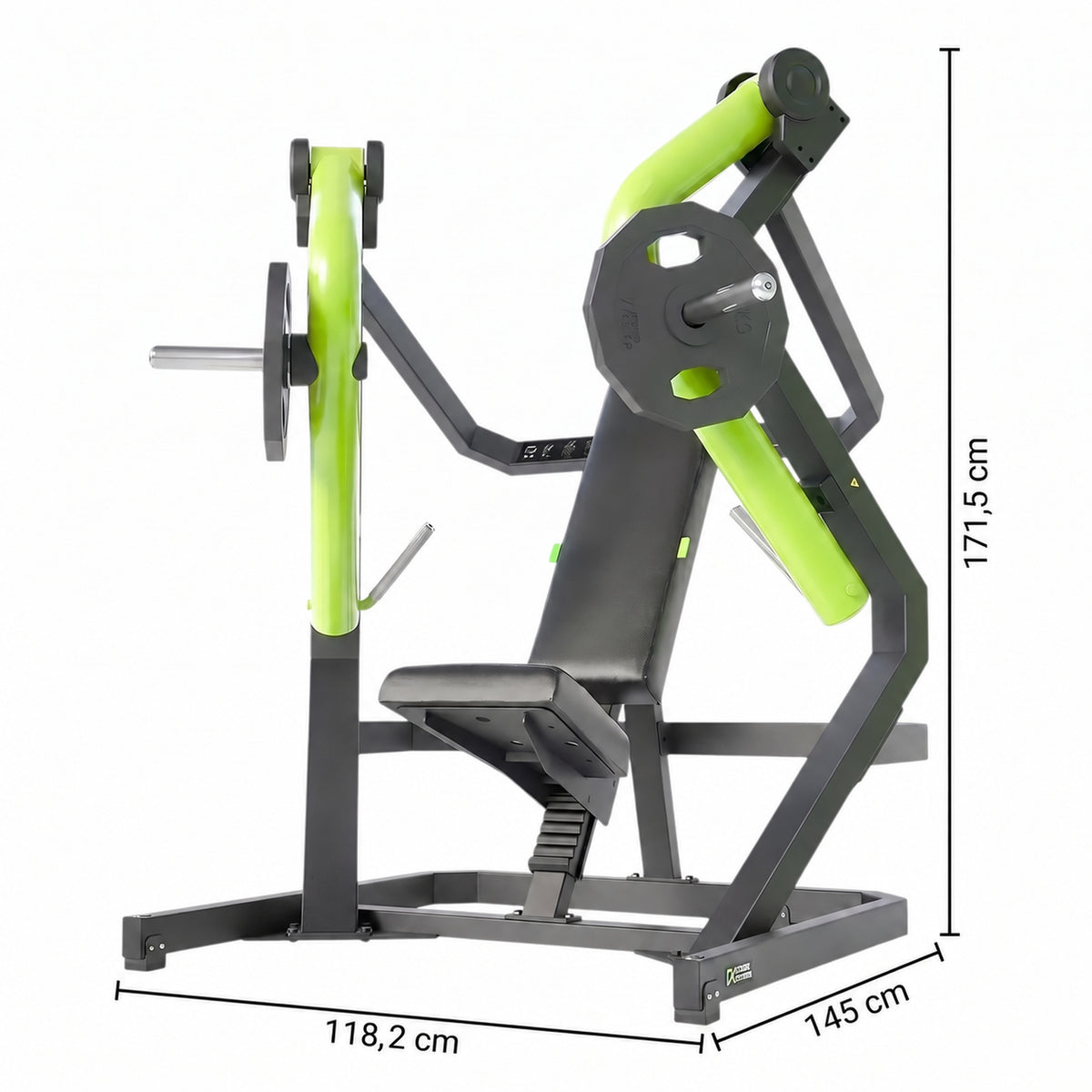DHZ Y900 Y910 Decline-Brustpresse (Low Chest Press) in Grün-Schwarz – Maßzeichnung mit Geräteabmessungen